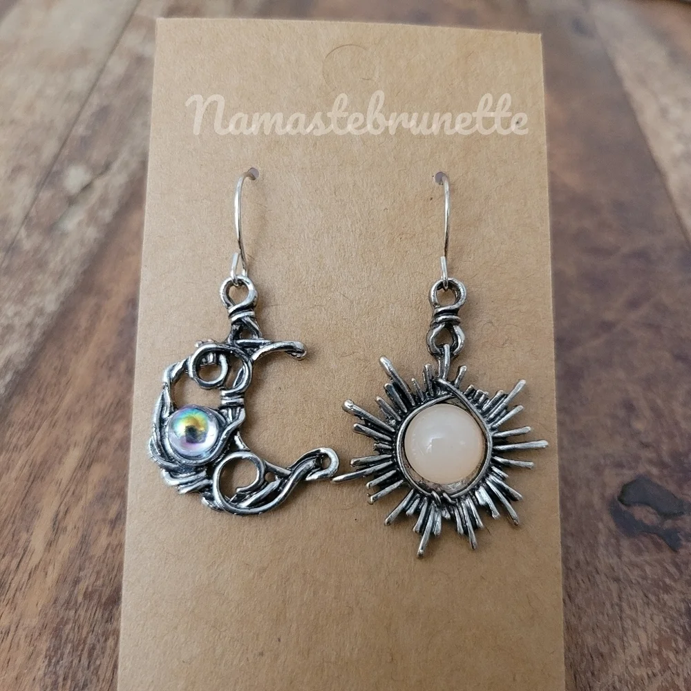Sun & Moon Silver Wire Wrapped Stone Dangle Drop Earrings